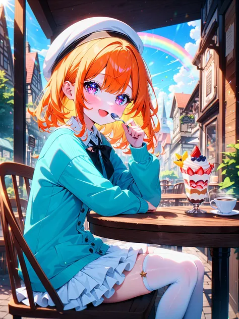 masterpiece, best quality, very aesthetic, absurdres, newest, 
1girl, cute girl, 
teenage,Pink eyes, Orange hair, Medium hair,
Tiffany blue cardigan, white hat, black bow, white skirt, frilled skirt, white legwear,
smile, on chair, sitting, best detailed girl, open mouth, front, looking at viewers, knees, holding spoon, 
cafe, rainbow, outdoors, town, day, blue sky, sun, sunlight, star \(symbol\), wooden chair, wooden table, teacup,
table, cake, coffee, parfait, sweets, lighting forward, star ornament, beautiful detailed sky,