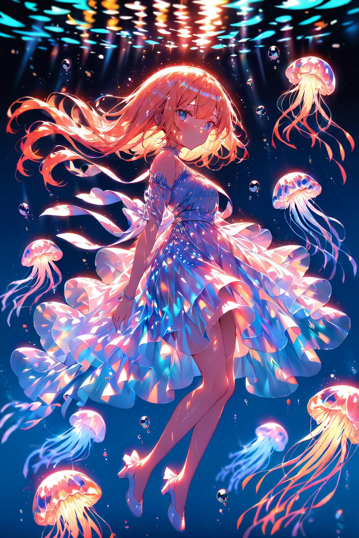(Masterpiece:0.9), best quality, (illustration, incredibly absurdres:0.95), ultra detailed, solo, 1girl, gradient hair, bubble, dress, underwater, jellyfish, depth of field, blue background, <lora:1r1d3sc3nc3XL:1>