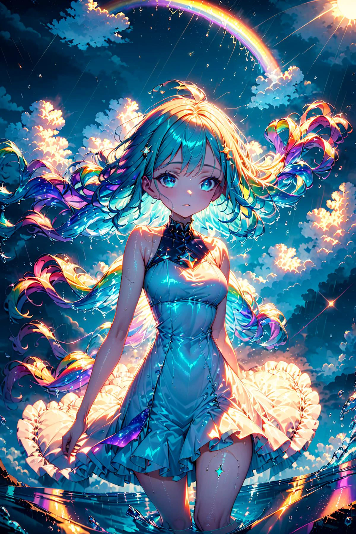 (Masterpiece:0.9), best quality, (illustration, incredibly absurdres:0.95), ultra detailed, solo, 1girl, dynamic angle, Cyan color theme, (liquid hair, water), floating hair, constellation hair ornament, white dress, glitter, water, rainbows, clouds, sun shower, rain, [(black Background:1.4)::0.2], (weather background:1.4),  <lora:TimeCollapseX:1>  <lora:aesthetic_anime_v1s:1.2> <lora:WildcardX-XL-Detail-Enhancer:0.95>