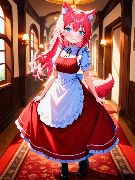 masterpiece, best quality, very aesthetic, absurdres, newest,
1girl, cute girl, original,
skinny, petite, blue eyes, pink hair, long hair, animal ear fluff,
medium breasts,
frilled shirt, red skirt, maid dress, medium  skirt, black boots, long boots, short sleeves, 
day, smile, wolf tail, turnaround, 
indoors, star \(symbol\), hallway, carpet, window, lamp, 
 <lora:FaceCheek_B_R_XL:1> <lora:FaceLight_B_R_XL:1>