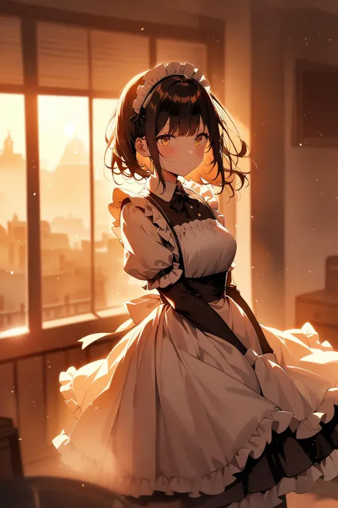 (Masterpiece:0.9), best quality, (illustration, incredibly absurdres:0.95), ultra detailed, solo, 1girl, Sepia color theme, classical maid, black hair, tsurime, beautiful_eyes, cinematic shadows, sunset, (watercolor effect:1.2), [(indoors background:1.4)::0.2], (sepia background:1.4),