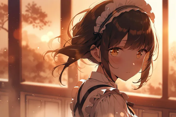 (Masterpiece:0.9), best quality, (illustration, incredibly absurdres:0.95), ultra detailed, solo, 1girl, Sepia color theme, classical maid, black hair, tsurime, beautiful_eyes, cinematic shadows, sunset, (watercolor effect:1.2), [(indoors background:1.4)::0.2], (sepia background:1.4), <lora:artstyle:1>