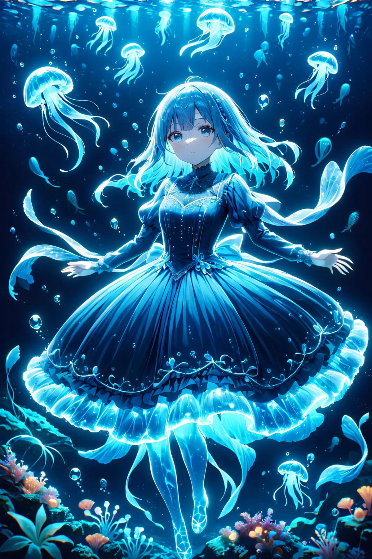 An ais-blmn jellyfish drifting through a dark, kelp-filled ocean, (Masterpiece:0.9), best quality, (illustration, incredibly absurdres:0.95), ultra detailed, solo, 1girl, gradient hair, bubble, dress, underwater, depth of field, blue background, <lora:Biol:0.9>