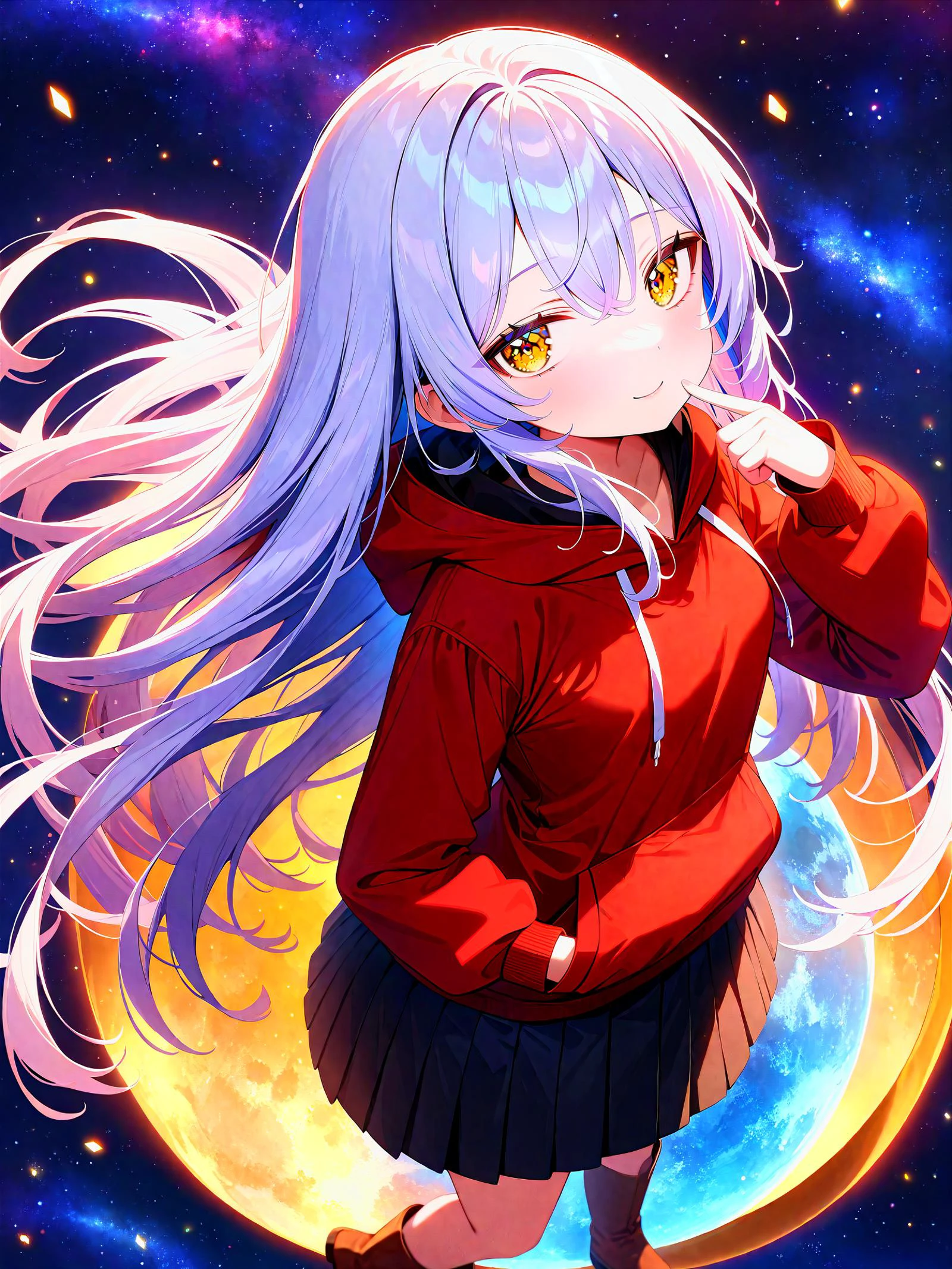 masterpiece, best quality, very aesthetic, absurdres, newest,
1girl, cute girl, original,
skinny, petite, small breasts, blonde eyes, yellow eyes, (silver hair:1.4), very long hair, hair between eyes,
hoodie, red shirt , black skirt, pleated skirt, brown boots,
starry sky, star \(sky\), full moon, milky way, blue moon, nebula, colorful starry sky, light particles,
from above, standing, finger to cheek, tilting,
closed mouth, smile, doyagao, (hand in pocket:1.1), hand in hoodie, pocket, on the sphere,
<lora:FaceCheek_B_R_XL:1> <lora:FaceLight_B_R_XL:1> <lora:Jitome_B_XL:1>