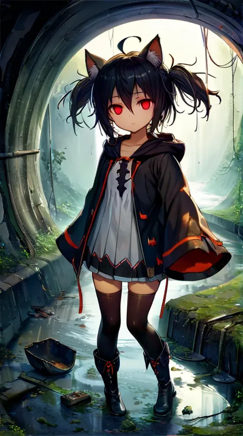 1girl, flat chest, shiny skin, short hair, black hair, ahoge, messy hair, payot, twintails, short twintails, animal ears, animal ear fluff, bat ears, bangs, hair between eyes, bat hair ornament, expressionless, empty eyes, red eyes, glowing eyes, white dress, short dress, pleated skirt, hooded jacket, black jacket, open jacket, open clothes, black hood, hood down, long sleeves, wide sleeves, sleeves past wrists, sleeves past fingers, thighhighs, black thighhighs, zettai ryouiki, thighhighs under boots, boots, black footwear, outdoors, underground, tunnel, overgrown, flooded, stagnant water, humid, warm, debris, deteriorated, moss, vines, puddle, cracked walls, dampness, dark, rusted, drainage pipe, neglected, gloomy, concrete, leaking, metal, uneven ground, abandoned, run-down, masterpiece, best quality, official art, extremely detailed CG unity 8k wallpaper, artbook, <lora:add-detail-xl:0.6>,