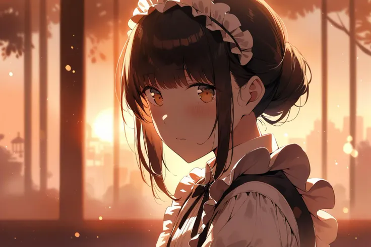 (Masterpiece:0.9), best quality, (illustration, incredibly absurdres:0.95), ultra detailed, solo, 1girl, Sepia color theme, classical maid, black hair, tsurime, beautiful eyes, cinematic shadows, sunset, (watercolor effect:1.4), [(indoors background:1.4)::0.2], (sepia background:1.4), <lora:artstyle:1>