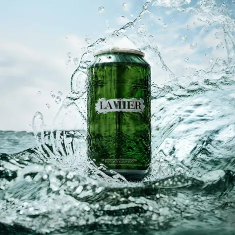 <lora:lamer_v1-000018:0.8>,lamer,from above,(beer can:1.3),still life,water,waves,splashing,