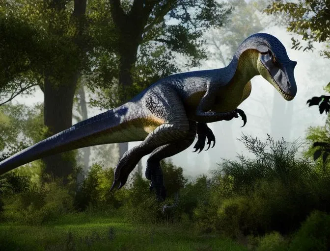 fog, dromaeosaurid , teeth, anatomically correct, hi res, feral, claws, digital media (artwork), ivorylagiacrus, realistic, 3d rendering, scales, detailed, male focus, solo, reptile, masterpiece, theropod, leaves, detailed background, dinosaur, hd, <lora:ivorylagiacrus:1>
