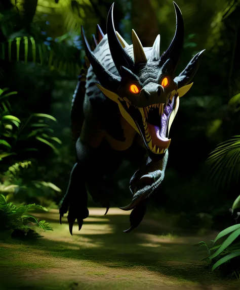 sharp teeth, horns, feral, running, jungle, motion blur, maw, tongue,  chasing, 3d rendering, reptile, full body, legs, (ivorylagiacrus), glowing eyes, scalie, hybrid,  realistic, <lora:ivorylagiacrus:0.75>