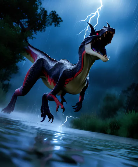 sharp teeth, horns, feral, running, water, rain, , motion blur, maw, tongue,  chasing, 3d rendering, reptile, full body, legs, (ivorylagiacrus), glowing eyes, scalie, hybrid,  realistic,  lightening, <lora:ivorylagiacrus:0.75>