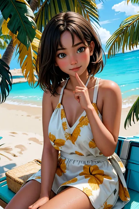 best ratio four finger and one thumb, 20yo Caucasian girl sitting on the beach of a tropical island eating tropical fruit, hyperrealism, high detailed skin, highly detailed background, 8k uhd, dslr, soft lighting, high quality, film grain, Fujifilm XT3, HD, Sharp, OverallDetail