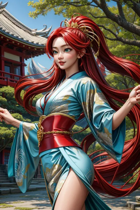 masterpiece, best quality, highres BREAK 1 girl, red hair, very long hair, long hair, thin waist, large breasts, spider lily in hair,  ([pretty face|perfect face|beautiful face]), happy, ((dancing)) BREAK green eyes BREAK green kimono BREAK spider lily flowers, asian fantasy background, tree, outdoors, <lora:add_detail:1>