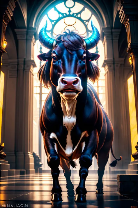 A robust animated bull with a red scarf around his neck ,wearing a chain with a compass as a pendent answering a telephone reciever , sitting on a domestic gas tank