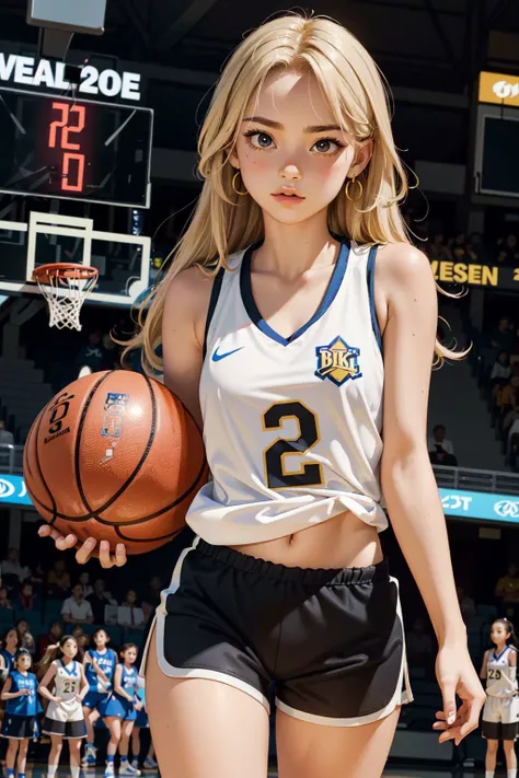 2girls, masterpiece, high quality, 8k, high resolution, perfect art, (2 female basketball player in a tank top and shorts, shooting a basket:1.4), Woman, Average Height, Narrow Hips, Heart-Shaped Face, Fair Skin, Golden Blonde Hair, black Eyes, Narrow Nose, Pouty Lips, Prominent Chin, Long Hair, Thick Hair, Fishtail Braid, perky breasts, Faux gauge earrings, soft pink cream lipstick