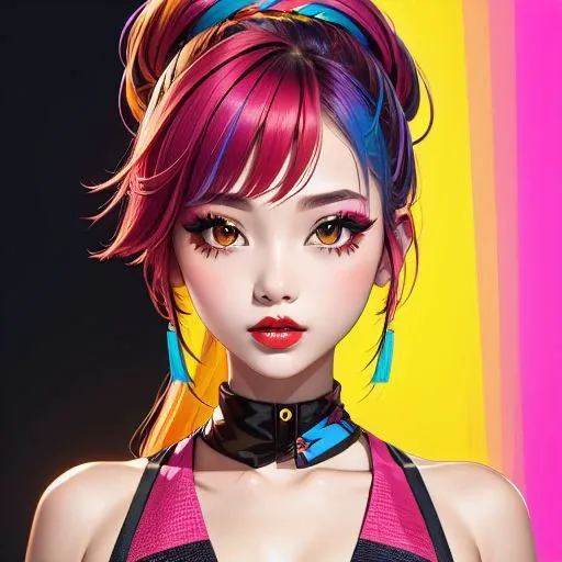 a girl, header, beautiful, high quantity, A variety of colors interwoven but not mixed with each other, young and active girl , solo, upper body, looking at viewer, colorful background, multicolored hair, makeup, parted lips, red lips, eyeliner,