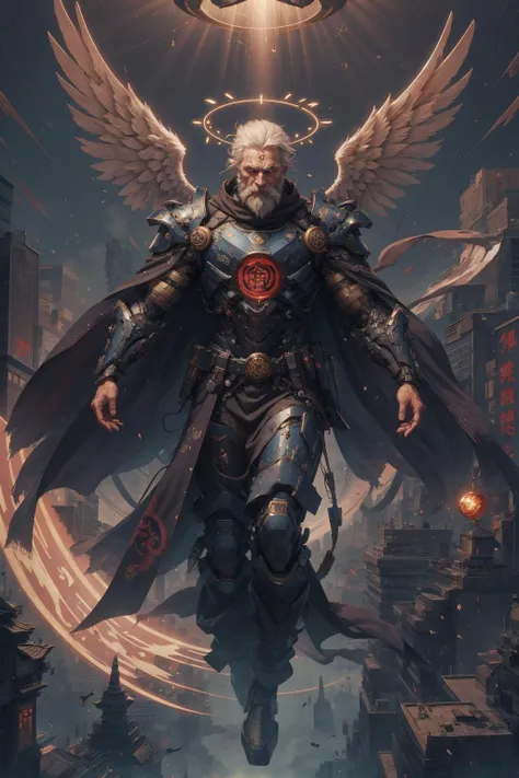 <lora:detail_slider_v4:0.8>,
(1man, old ukrainian male:1.2), frail, amber eyes, white hair, long beard,
<lora:GoodHands-beta2:0.8>,
(style-swirlmagic:0.8), solo, full body, detailed background, detailed face, (<lora:ShinobiTech:0.6>, cyberpunk, shinobitech theme:1.1), glowing eyes, (angel of the apocalypse:1.05), wearing light themed armor, billowing cape,, manifestation of purity, (flying, hovering, levitating:1.1), (descending, looking down,:1.1), floating glowing particles, leaves, enveloped in godly energy, burning halo of light above head, carrying glowing crystalline orb of the gods, elemental harmony, celestial garden in background, rays of bright light, gentle breeze, epic atmosphere,