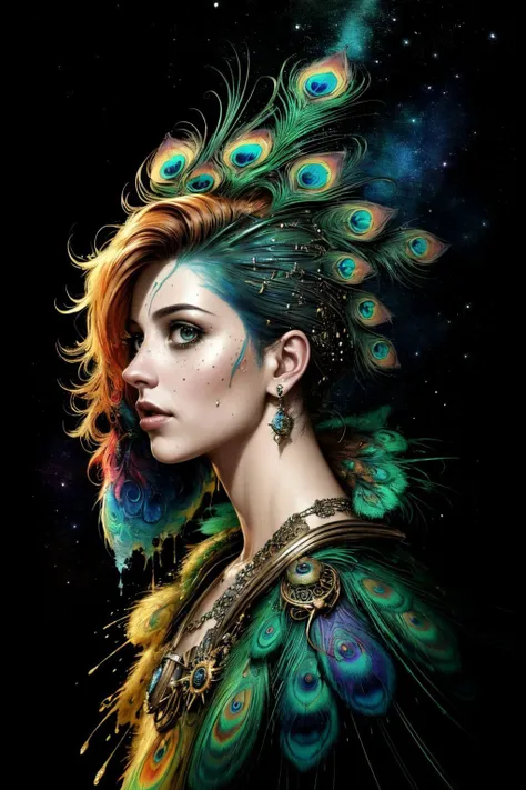 photorealistic Artwork by Alberto Seveso. Peacock. Oil paint splashes. Glowing clouds. Cosmic space background. Texture. Loose drawing style. complicated details Cinematic light show Octane Number Show, Konstantin Raumov. highly detailed, lifelike, precise, accurate. highly detailed, lifelike, precise, accurate