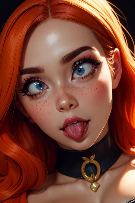 (masterpiece, best quality, hires, high resolution:1.2), (Cartoon style), (Detailed big eyes), (Detailed face), (extremely detailed, intricate details, highres), 1girl, solo, long orange hair, Feathered Cut, pale skin, blue eyes, ahegao, tongue out, crossed eyes, blush, freckles, eyeliner, eyeshadow, eyelashes, makeup, breasts squeezed together, (thin waist), (huge breasts, large breasts, thick thighs, wide hips), (cinematic lighting, perfect lighting), (vivid colors), looking at viewer, parallel to the camera, (close-up, face focused), simple background, <lora:realistic:0.2>  <lora:breasts_squeezed_together_v0.2:0.8> <lora:tongue:1>