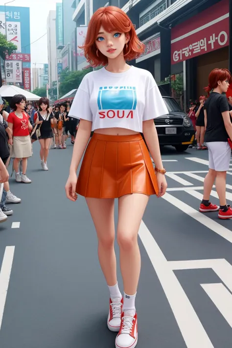 1 girl, solo, female, adult woman, freckles, blue eyes, copper shag hair,
Mini skirt, graphic t-shirt, white sneakers
A vibrant, bustling Seoul street during a K-pop concert
beautiful, detailed, best quality, high resolution, masterpiece, 8k