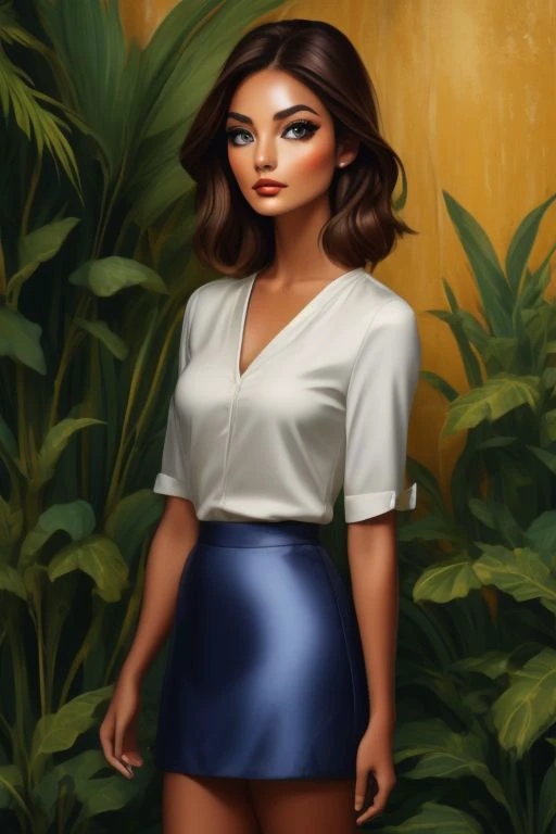 Porcellana style, 'close up' 1girl, solo, A-line mini skirt with a dark blue silk blouse and pumps, Female , Fit, Oval Face, huge eyes, Brown Hair, Golden Eyes, Short Nose, Thin Lips, Sharp Chin, Shoulder-Length Hair, Thick Hair, Angled Bob,   metallic lipstick, a dense tropical rainforest
beautiful, detailed, best quality, high resolution, masterpiece, 8k