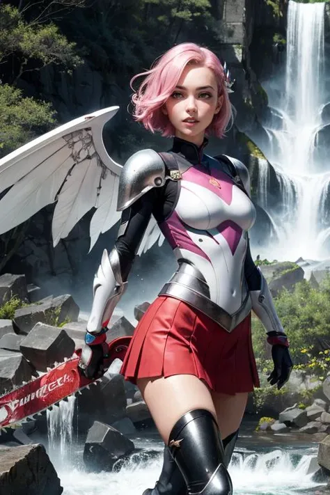 1girl, Dove Cameron, sci fi armor skirt, boots, metallic wings, upper body, chainsaw, green eyes, hair ornament, pink hair, short hair, smile, solo, white gloves, smile, looking away, fighting stance, fighting pose, ruins, waterfall, Tibetan temple <lora:HeightRatioSlider_v2:0.7>