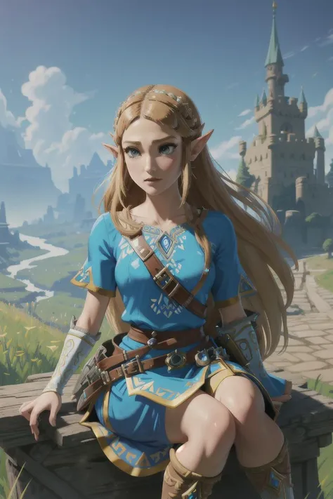 masterpiece, best quality, absurd res, maximum detail, intricate detail, extremely clear, (princess zelda, the legend of zelda: breath of the wild), (detailed background, hyrule castle),