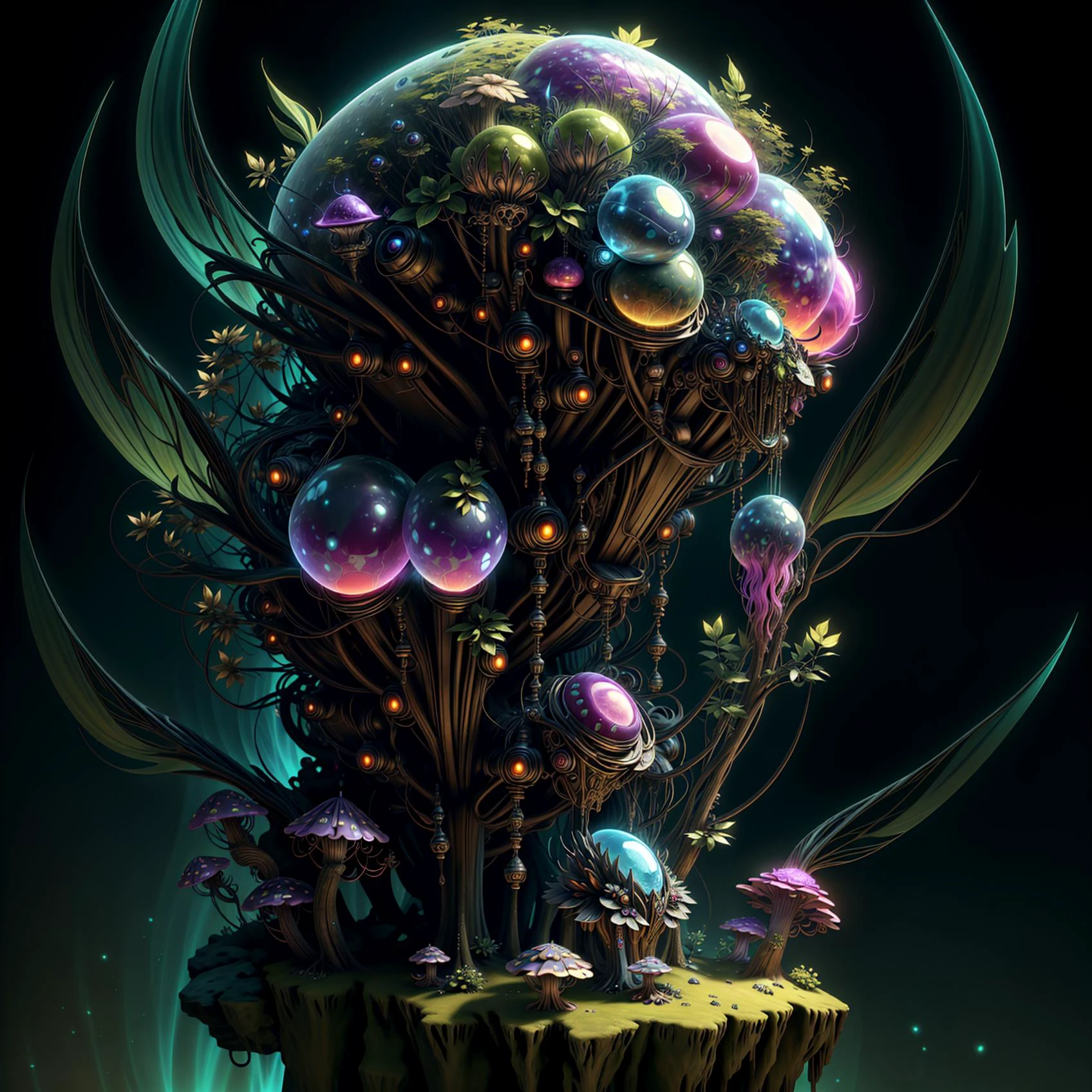 colorful mushrooms, a computer render by jonathan zawada, flume, a 3 d render, featured on polycount, shutterstock contest winner, psychedelic art, psychedelic, rendered in cinema 4 d, 3 d, lsd hallucinations, alex grey, (((LSD))), mushrooms, dreams, dream like, alex grey, electric wizard, dmt, nexus, spheres, cubes, fog, intricate details, symmetrical, studio ghibli, anime style, vivid color, high contrast, reflections, raytracing, raytraced, unreal engine 5, aesthetic, extremely detailed, photorealistic, realistic, max detail, delicate pattern, vaporwave ombre, sinister eldritch neural diaphanous skullpunk spirits in the enchanted intergalactic mecha garden, man - machine chimeric beholder polyphemous by okuda san miguel by jerimiah ketner by tatsuyuki tanaka by agostino arrivabene and wayne england, <lora:TerranAIv2:0.5> <lora:Mech4nim4lAI:0.6>