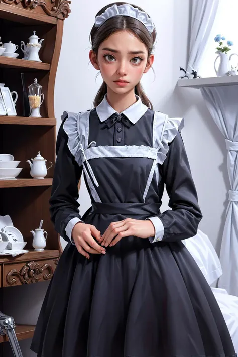 1girl, a woman in a maid's costume posing, maid, maid's dress, apron, brown eyes, cum, lips, long hair, maid, maid apron, maid headdress, photo \(medium\), realistic, soap bubbles, solo, <lora:ClothMaid1:1>, traditional maid