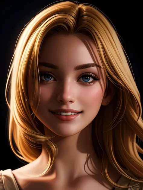 face portrait photo of a young woman, beautiful face, smile, blonde, perfect face, cinematic shot, dark shot, dramatic lighting, masterpiece, sharp focus, 8k, best quality, high resolution, realistic
