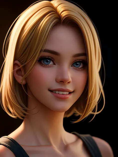 face portrait photo of a young woman, beautiful face, smile, blonde, perfect face, cinematic shot, dark shot, dramatic lighting, masterpiece, sharp focus, 8k, best quality, high resolution, realistic
