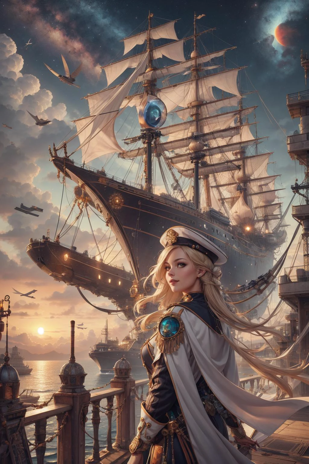 <lora:detail_slider_v4:0.8>,
1 girl, adult swedish woman, jade eyes, light blonde twin drills hair,
<lora:GoodHands-beta2:0.8>,
Style-GravityMagic, solo, from front, front view, half shot, looking at viewer, detailed background, detailed face, (<lora:WindTech:0.6> scifi, (cyberpunk:0.7), pipes, windtech theme:1.1), admiral, smiling, white sailor uniform, elaborate cloak, captain hat, decorations, dynamic pose, in dock, sails, rail, ship wheel, storm in background, sunset, strategy, cinematic atmosphere,