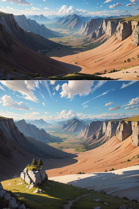 masterpiece, high quality, 8k, high resolution, perfect art, Time-distorted valley with shifting historical landscapes, Perspective, bright sun, separation light