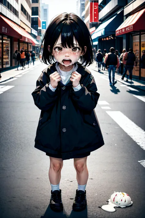 a city street BREAK
a crying child, standing BREAK
an ice cream dropped on the floor