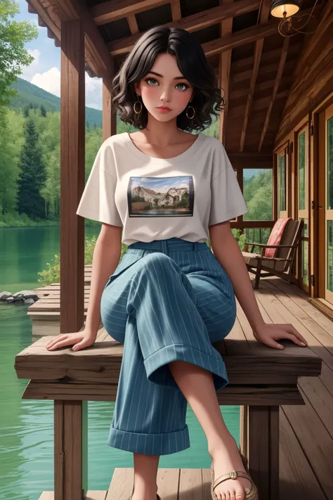 1 girl, solo, beautiful, female, adult polish woman, hazel eyes, black crimped hair,
Striped wide-leg pants, white t-shirt, espadrille wedges
A cozy, rustic lakeside cabin with a view of the water
beautiful, detailed, best quality, high resolution, masterpiece, 8k