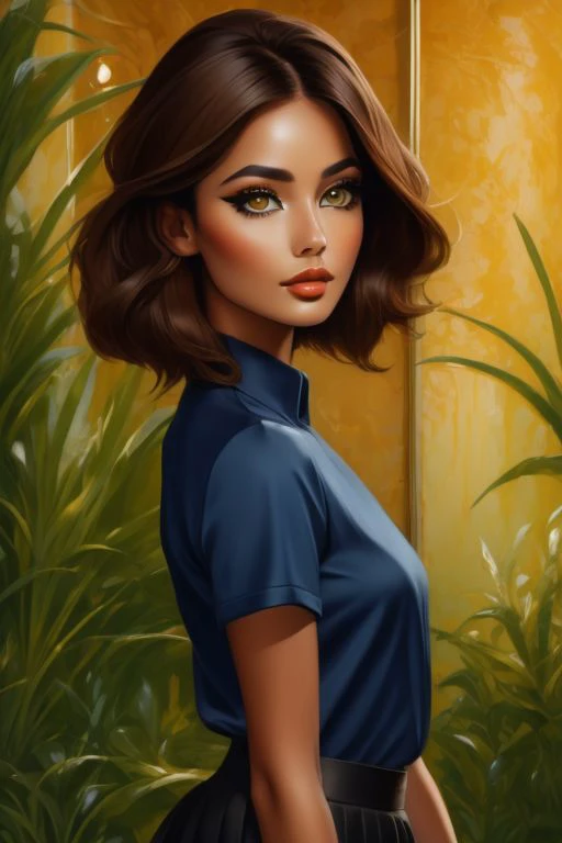 Porcellana style, textures, 'close up' 1girl, solo, A-line mini skirt with a dark blue silk blouse and pumps, Female , Fit, Oval Face, huge eyes, Brown Hair, Golden Eyes, Short Nose, Thin Lips, Sharp Chin, Shoulder-Length Hair, Thick Hair, Angled Bob,   metallic lipstick, a dense tropical rainforest
beautiful, detailed, best quality, high resolution, masterpiece, 8k