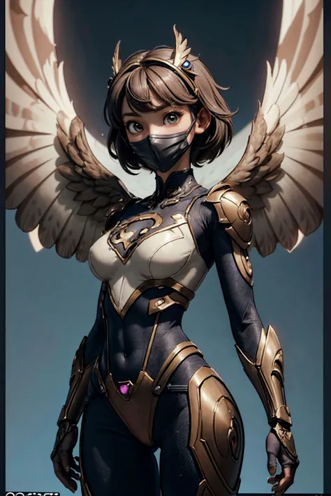 (((owlgirl is a charismatic beautiful female superhero))), furry owl costume, feathery symmetrical wings emerging from its back, skinny suit, an owl face mask with big eyes, superhero pose, perfect proportion, fitness body, 8k, cinematic lighting, intricate details, highly detailed, sharp focus, analog style, highly detailed, sf, intricate artwork masterpiece, movie poster, epic, vibrant, production cinematic character render, ultra high quality model, ((full size)), 3d, anime,
