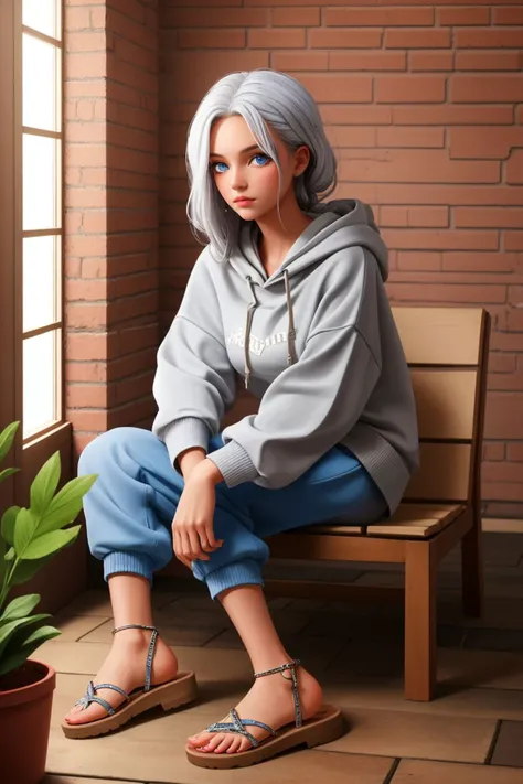 1 girl, solo, beautiful, female, adult woman, grey-blue eyes, white crimped hair,
Cropped hoodie, joggers, slide sandals
A bohemian loft with exposed brick and eclectic furnishings
beautiful, detailed, best quality, high resolution, masterpiece, 8k