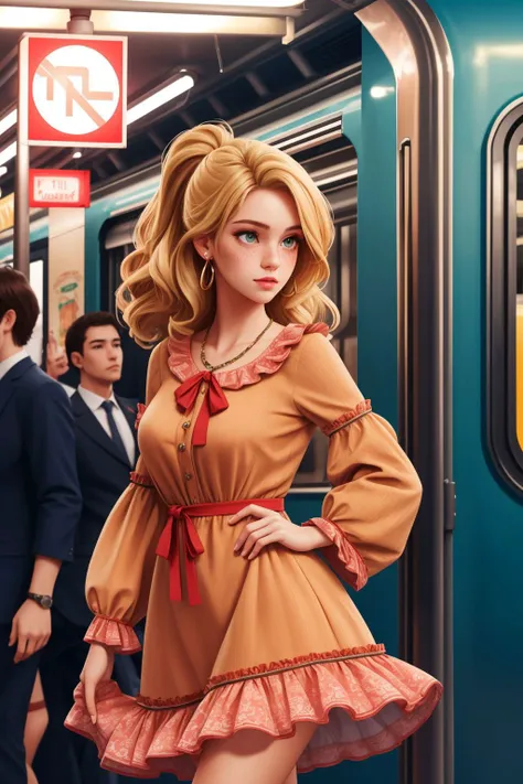 1 girl, solo, female, adult french woman, freckles, coral eyes, blonde half-up half-down hairstyle,
Exaggerated bell sleeve dress with cascading ruffles
A bustling New York City subway platform
beautiful, detailed, best quality, high resolution, masterpiece, 8k