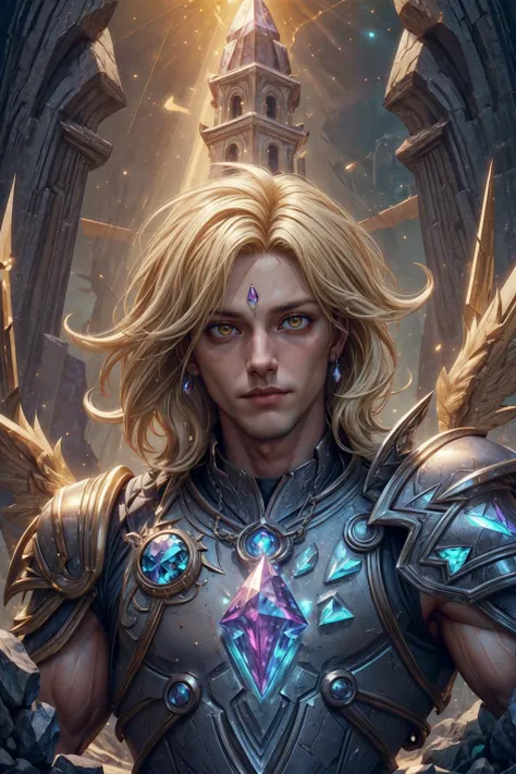 high quality, masterpiece, 8k, sharp focus, <lora:add_detail:0.75> <lora:realistic:0.1>
(1man, muscular adult welsh male:1.2),  yellow eyes, platinum blonde hair, medium hair,
portrait, (bloody scars:0.7), looking up, solo, upper body, detailed background, (<lyco:DecorationBundlev2:0.4>, GemstoneAI, gemstone theme:1.1),  focusing,  battle cleric, dynamic pose, floating scraps, dark brown polished heavy armor, [halo:crown:0.4] hovering above head,  tabard, divine smite, emitting sacred aura, sacred amulet, sunshine, bright realistic lighting,  cliff edge,  glowing runes, 
<lora:fantasy00d:0.3>,