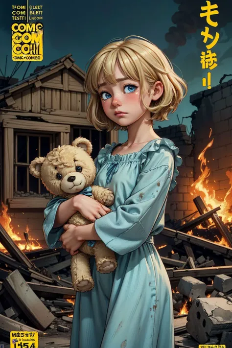 (medieval village:1.4), (war, destruction, flames and ruins in the background), sadness, tears, emotional, dramatic, 
anime, comic, masterpiece, detailed, high quality, sharpness, 8k, (comic cover style:1.4)
blond blue-eyed 5 years old child girl crying, standing, looking at viewer, wearing a dirty old long dress, holding a simple teddy bear made of cloth, her hair is messy, lonely, dirty, nasty, golden short blonde hair
