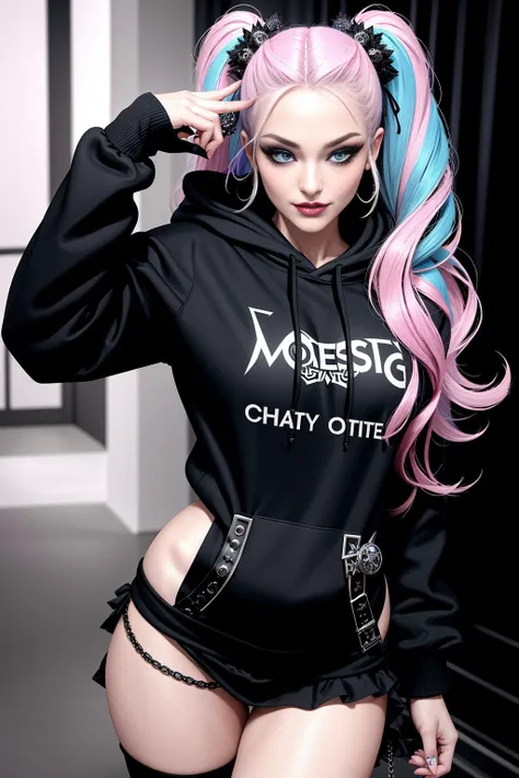 ((Masterpiece, best quality,edgQuality)),smirk,smug,
edgTM, a woman in a ((hoodie)) with frills,wearing edgTM_style fashion, eccentric clothing,
<lora:edgMuglerHoodies:1>