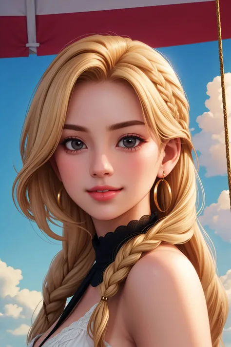 1girl, solo, smiling, Average Height, Narrow Hips, Heart-Shaped Face, Fair Skin, Golden Blonde Hair, black Eyes, Narrow Nose, Pouty Lips, Prominent Chin, Long Hair, Thick Hair, Fishtail Braid, medium round breasts, Faux gauge earrings, soft pink cream lipstick, swinging, cloudy, spill light
beautiful, detailed, best quality, high resolution, masterpiece, 8k, sharpness, elaborate, cinematic lighting