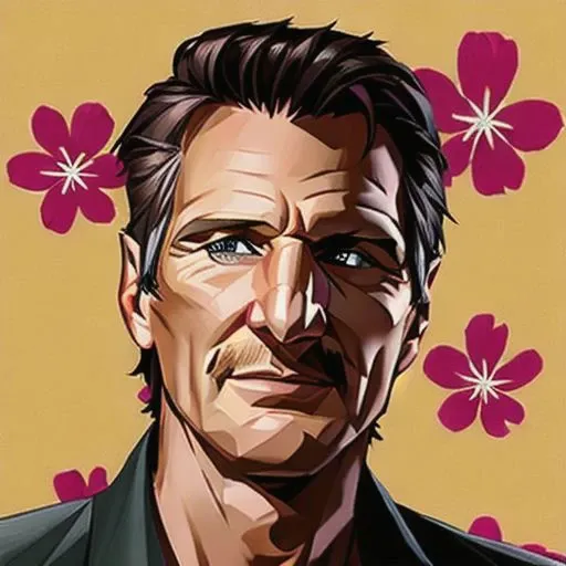 liam neeson lookig mean, full focus, center aligned,detailed, hdr, 8k, 3d,backlit, 8k, best quality, hyper detailed, closeup, floral havana t shirt, mean look with a smile, dark grey background,beautiful big eyes ,
