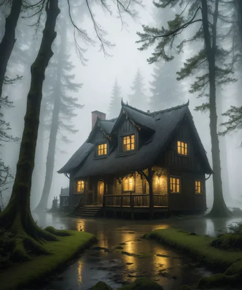 horror view of a cottage in an enchanted wood, fear, gloomy, witchcraft, cloudy, foggy, highly detailed, best quality, Raw, RAW photo, 8k, uhd, post-processing, Maximum texture, masterpiece, ultra-detailed, hyperdetailed, professional, OverallDetail