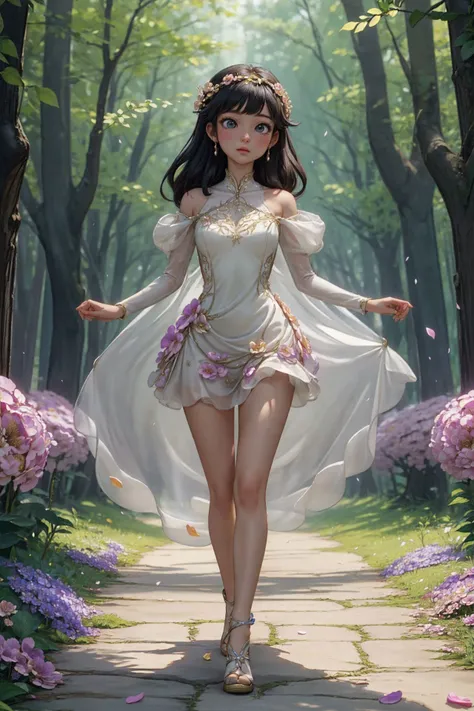 1girl, solo, full body, (masterpiece:1.21), (best quality:1.2), colorful, (illustration:1.2), (cinematic lighting:1.1), (bare shoulders:1.21), (collarbone:1.21) in this whimsical A beautiful and dreamlike garden, the scene is illuminated by a rainbow (colorful fireflies) dancing in the air. Pastel (drizzle) adorns the garden, creating a hazy and ethereal atmosphere. In the center of the picture, stands a single girl, an extremely beautiful girl, with lovely facial features and an innocent expression. Her long hair fluttered in the wind. She wore a low-cut strapless dress that accentuated her curves. The lighting is very delicate and beautiful, creating a soft warm glow that accentuates the water and makes it sparkle like a diamond. The finest grasses are also illuminated to create a lush carpet. The garden is surrounded by colorful flower fields with flowers of all colors and shapes. Various colors and sizes (coloured butterflies) can be seen flying around the scene, adding to the overall sense of wonder and magic. (Everyone, judges), a blush can be seen on the bridge of the nose, and the mouth is slightly opened, which adds to the overall sense of innocence and youth. Falling petals can be seen waving around her, adding to the overall sense of romance and beauty. The breeze is blowing, the leaves are rustling, and the flowers are swaying, adding to the overall dynamism and vitality. It is a scene of pure wonder and magic, full of color and beauty, where the viewer can lose themselves in this enchanting and captivating world.