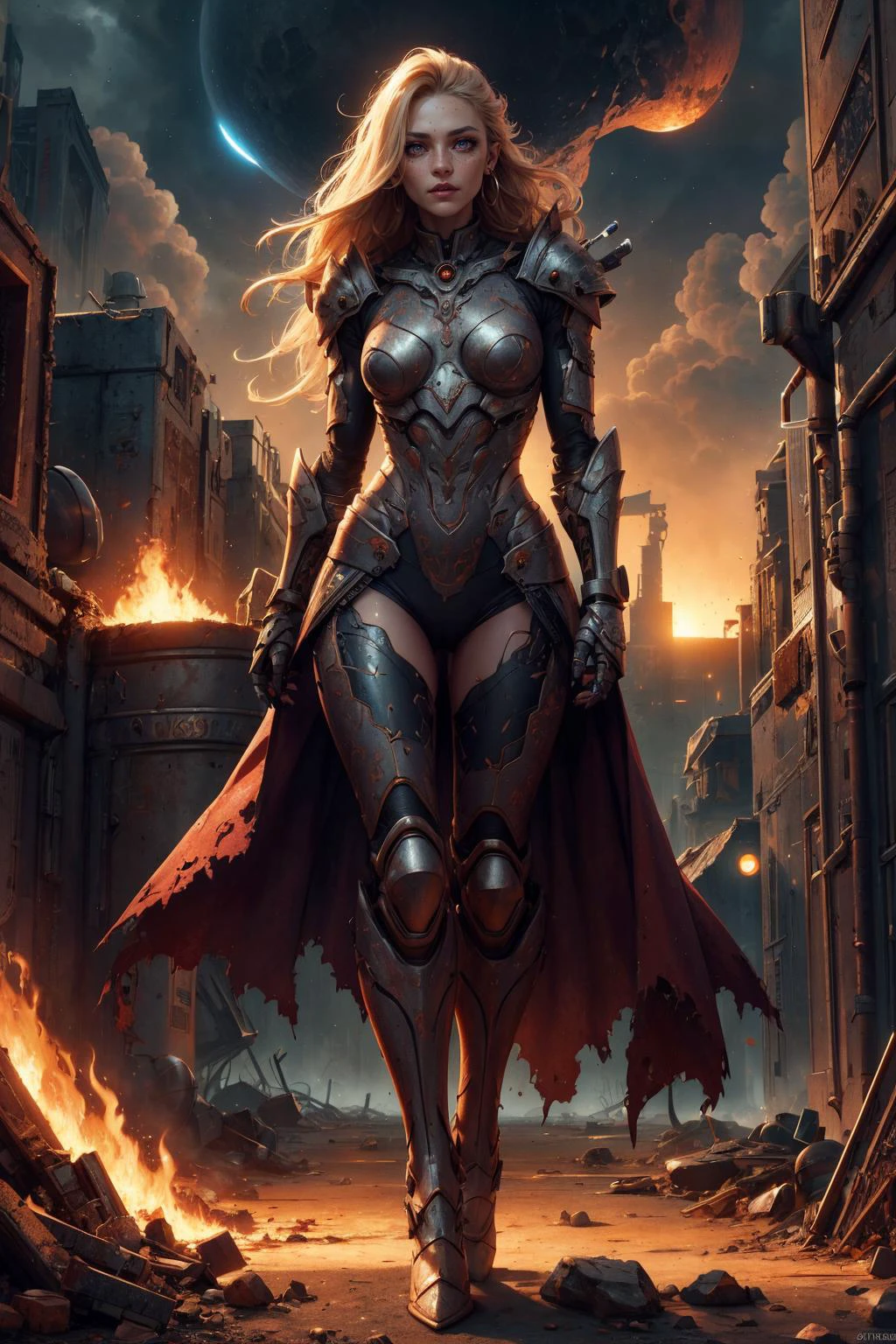 <lora:detail_slider_v4:0.8>,
1 girl, adult (elven:0.7) woman, freckles, purple eyes, medium blonde layered hair, ombre,
<lora:GoodHands-beta2:0.8>,
solo, (full body:0.6), looking at viewer, detailed background, detailed face, (<lora:OxideTech:0.6>, scifi, oxidetech theme:1.1), glowing eyes, prophet of the armageddon, bittersweet sorrow, wearing detailed armor, fiery armageddon, unavoidable entropy, eternal void consuming everything, siphon, black hole, ancient mythological prophecy fulfilled, solar flares in background, sinister smoke, apocalyptic atmosphere,