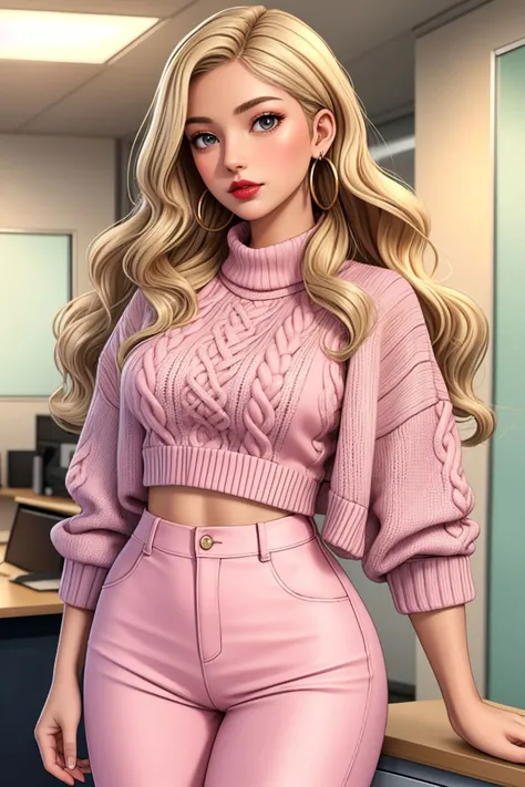 1girl, solo, Sweater, leggings, Empress, Average Height, Wide Hips, Diamond-Shaped Face, Olive Skin, Platinum Blonde Hair, grey Eyes, Short Nose, Full Lips, Prominent Chin, Long Hair, Wavy Hair, Frohawk, medium round breasts, Dangle earrings, soft pink sheer lipstick, Knitting, in the office
beautiful, detailed, best quality, high resolution, masterpiece, 8k