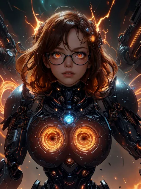 best quality, masterpiece, jp-Kraasni-50 1girl,    (style-swirlmagic:0.9), (steampunk cyborg:0.8), portrait,  looking up, solo,  (full body:0.6), detailed background, (<lora:InfraBlackholeTech:0.6>,  scifi,  inblackholetech theme:1.1) steampunk mask, dynamic pose, dim lighting engineer, floating lights, blue worn mechanical armor with gears, techwear, cybernetic eye, hood, medieval glasses,  flintlock pistol, war machines on battlefield in background, machines,    technology, sparking machinery, , flames, , arcane symbols, , lightning, epic atmosphere,    <lora:detail_slider_v4:2>