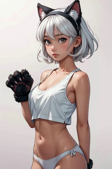 (masterpiece, best quality), intricate details,
1girl, cute, solo, monster girl, animal ears, white hair, short hair, brown eyes, tail, medium breasts, navel, white panties, black fur, (animal hands:1.2), tank top, cleavage, (Anime Scene, Toonshading, Satoshi Kon, Ken Sugimori, Hiromu Arakawa:1.2), (Anime Style, Manga Style:1.3), Low detail, sketch, concept art, line art, webtoon, manhua, hand drawn, defined lines, simple shades, minimalistic, High contrast, Linear compositions, Scalable artwork, Digital art, High Contrast Shadows, glow effects, humorous illustration, big depth of field, Masterpiece, colors, concept art, trending on artstation, Vivid colors, dramatic, detailed skin texture, (blush:0.5), (goosebumps:0.5), subsurface scattering
