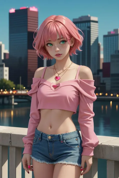 1girl, redhead, pink hair, short hair, heart necklace, freckled, bangs, green eyes, pink lips, red nails, short blue denim short and red top, cutoffs, offshoulder crop top, long sleeves, a heart necklace on her neck, navel, high quality, masterpiece, 8k, sharp focus, city background, full body visible